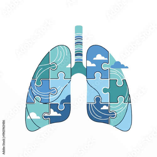 The lungs are composed of puzzle pieces showing ocean waves and clouds.
