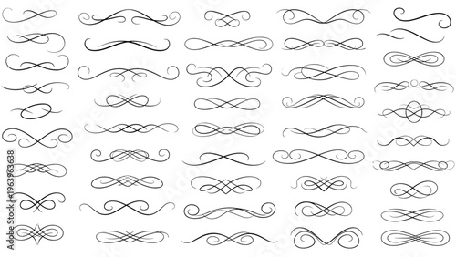 Huge set of decorative scroll elements and line dividers featuring elegant flourishes for use in classic stationery and wedding invitation designs.