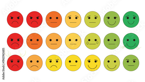 Grid of colorful emoticons representing a scale of emotions from angry red faces to happy green ones for customer satisfaction and feedback.