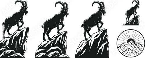 Mountain Goat Silhouette Vector Illustration Set with Alpine Cliff Scene, Wild Animal Emblem, Nature Adventure Logo and Outdoor Wildlife Design Collection