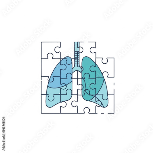 A jigsaw puzzle illustration of lungs in shades of blue with trachea on a white background