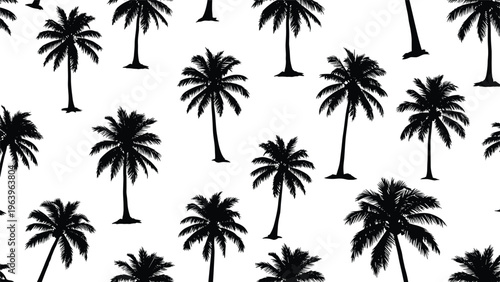 Seamless pattern of black palm tree silhouettes of varying sizes and shapes create a tropical summer vibe for wallpaper and textile prints.