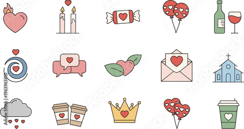 Valentines day icons set with hearts love envelope candles balloons coffee wine symbols cute flat vector illustration