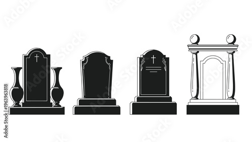 Set of different gravestone silhouettes including simple markers and more elaborate monuments for cemetery and memorial design compositions.