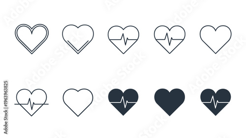 Diverse collection of heart icons including simple outlines solid shapes and versions with an integrated electrocardiogram or heartbeat line.