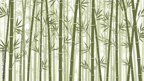 Calming green bamboo forest pattern featuring detailed stalks and leaves in various shades of green to create an oriental and natural atmosphere.