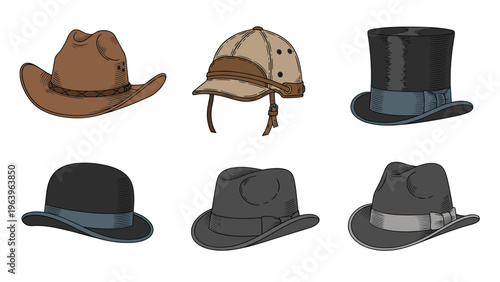Collection of six classic hats including cowboy hat pith helmet top hat bowler and fedora styles in various colors for fashion design.