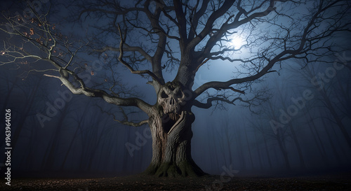 Sinister tree with twisted branches under moonlight in foggy forest  