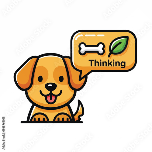 A cute cartoon dog thinks deeply outdoors with a bone and leaf nearby.