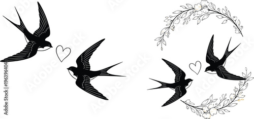Swallow Bird Silhouette Vector Illustration with Floral Wreath, Flying Birds, Love Symbol, Elegant Nature Design and Romantic Tattoo Style Collection