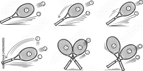 Tennis Racket and Ball Motion Vector Illustration Set with Dynamic Stroke Actions, Sports Equipment, Game Movement and Vintage Hand Drawn Style Collection