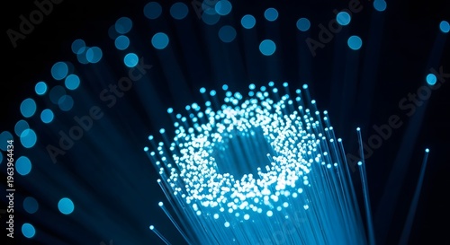 An abstract blue digital background features a fiber optics design with neon light spots, creating a motion energy pattern across a vector tech backdrop