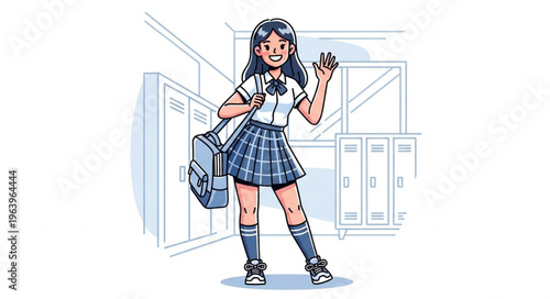A Cheerful Schoolgirl with a Backpack Waving Hello.