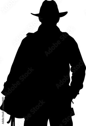 Black Silhouette of an Adventurer Wearing a Fedora Hat and Long Coat Isolated on White