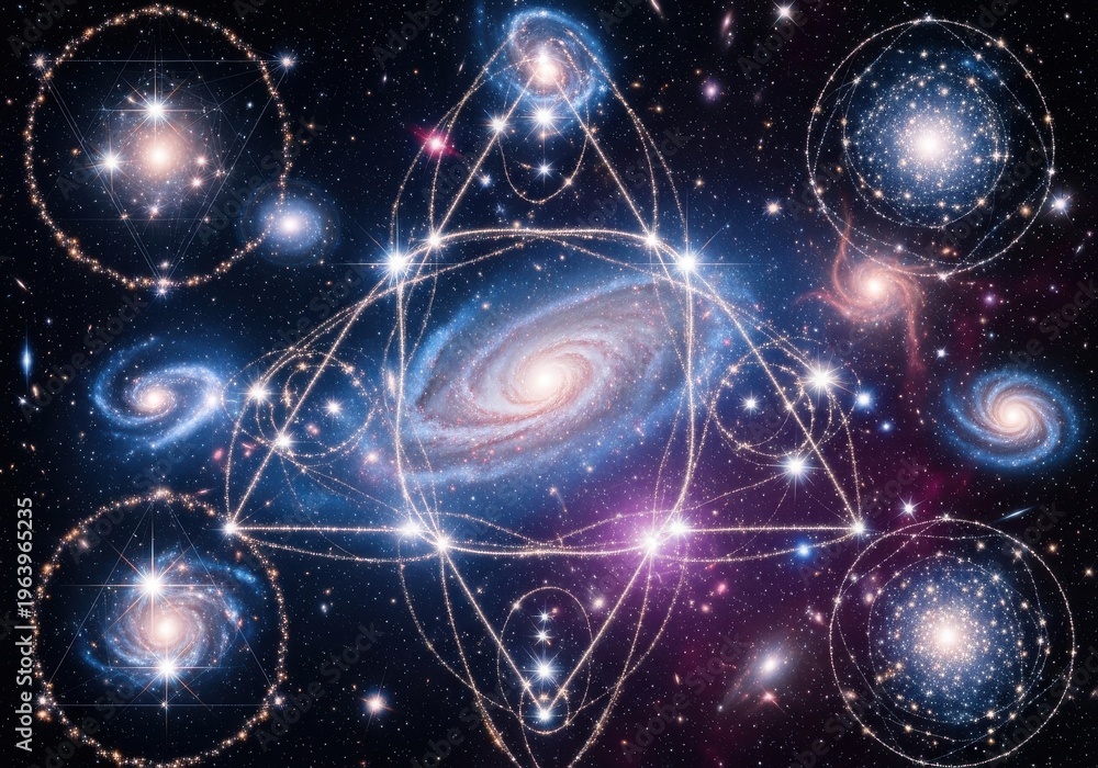 Fototapeta premium Cosmic Geometry: Interconnected Galaxies and Nebulas in the Void of Space