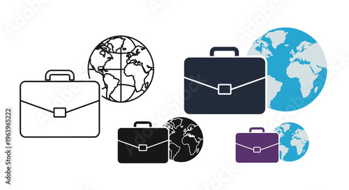 Business travel and international commerce icons showing a briefcase next to a globe in several color and size variations set.