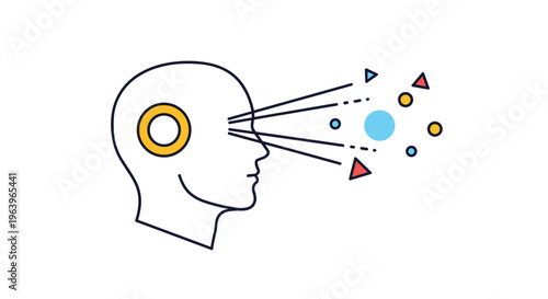 Human profile icon with beams projecting from the eye towards geometric shapes representing vision and artificial intelligence perception.