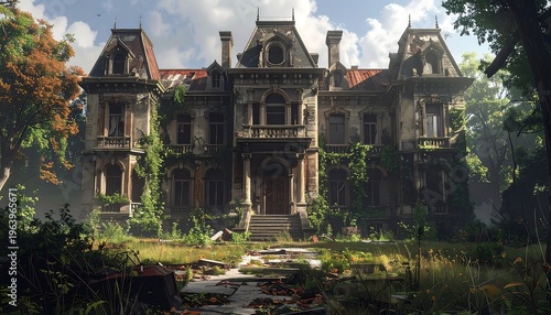 An imposing, dilapidated mansion stands, overgrown with foliage, in a forest setting. The building shows signs of age, its architecture grand