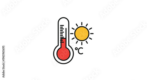 High temperature weather icon featuring a thermometer with red liquid and a bright yellow sun symbol on a plain white background.