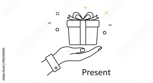 Minimalist line drawing of a hand holding a gift box with a bow and present text for holiday or celebration themed design projects.