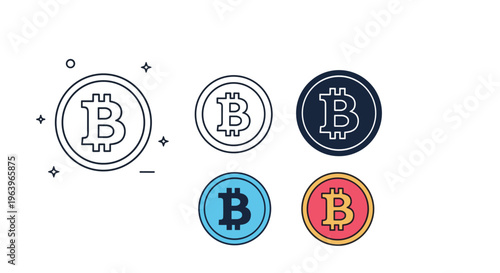 Diverse set of Bitcoin cryptocurrency icons in various graphic styles including outlines, solid fills, and colorful coin designs.