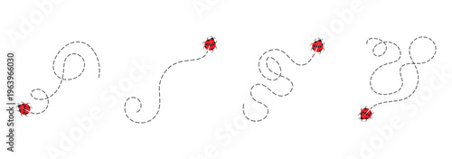 Cute ladybug characters collection. Flying cartoon ladybug with dotted path. Ladybugs flying on dotted route. ladybug icon set. Insects group. illustration isolated on white. 