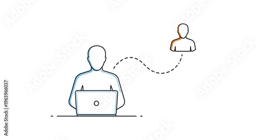 Remote work and online collaboration concept showing a person on a laptop connected to a distant profile icon via a dotted line.