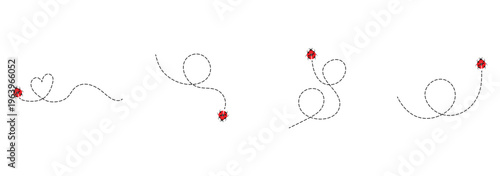 Cute ladybug characters collection. Flying cartoon ladybug with dotted path. Ladybugs flying on dotted route. ladybug icon set. Insects group. illustration isolated on white. 