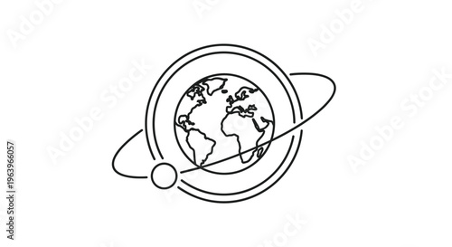Simple black and white outline of planet earth with a satellite in orbit to represent global communications and space technology.