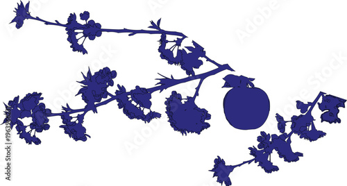 It looks like an artistic branch or hanging vine with leaves and round fruits. The fruits could be like tomatoes or pomegranates. The round fruits and star-shaped corolla make me wonder if it is a bra