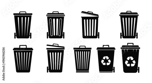 Comprehensive set of trash can icons showing various styles and states including recycling symbols and open lids for waste management.