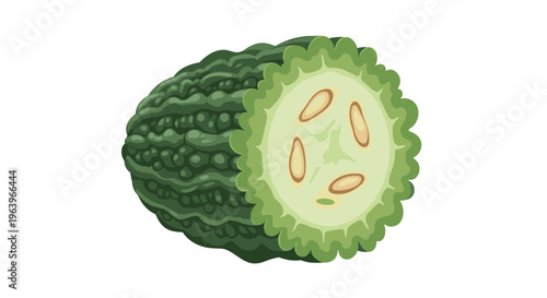 Detailed illustration of a bitter melon, cut in half to reveal its pale green interior flesh and embedded seeds, showcasing its warty skin texture.
