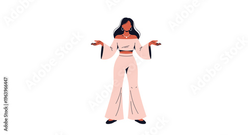 Fashionable woman standing with her arms outstretched wears stylish pink wide-leg pants and a crop top set against a plain white background for design.