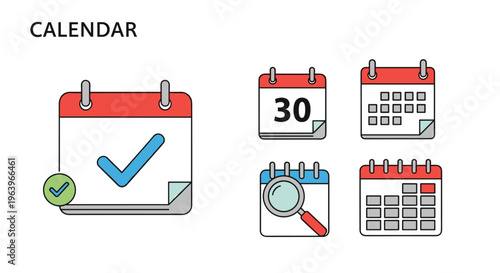 Calendar icons featuring a check mark, specific date of the thirtieth, search magnifying glass, and monthly schedule represent organization and planning.