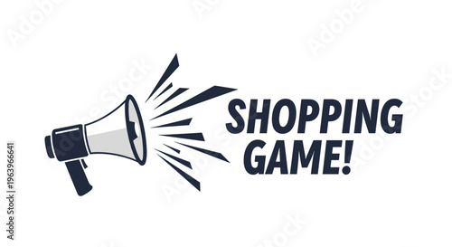 Megaphone icon with the text shopping game and dynamic lines represents exciting retail promotions, interactive sales events, and marketing campaigns.