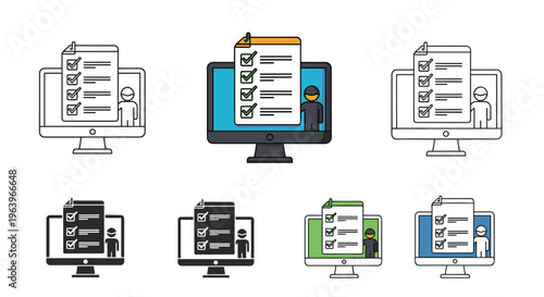 Checklist on a computer monitor shown in various artistic styles represents digital task management, online surveys, and progress tracking for users.