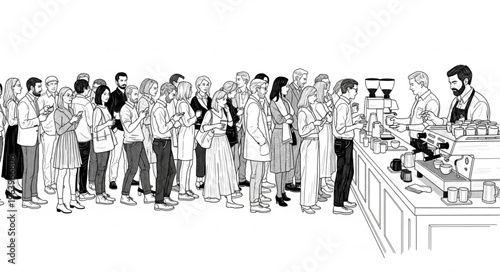 A diverse group of people standing in a line at a counter, possibly a market or service point.