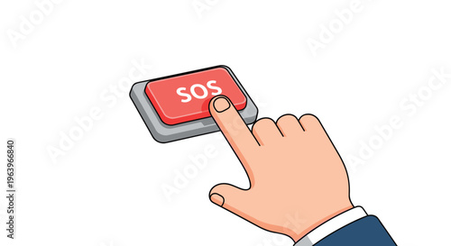 Human hand pressing a red sos emergency button signifies urgent help requests, safety protocols, and immediate response actions in critical situations.