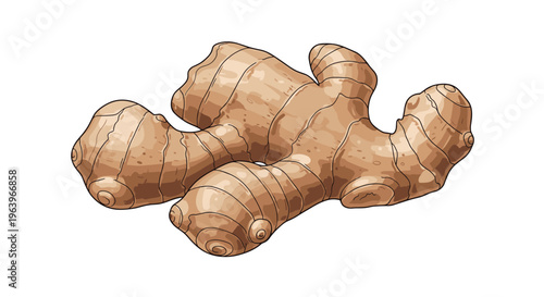 Detailed illustration of a fresh ginger root, showcasing its distinctive knobby, irregular shape and light brown skin, known for its aromatic and spicy flavor.