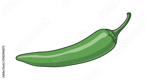 Vibrant illustration of a single green chili pepper, showcasing its glossy skin, elongated and slightly curved shape, ready for culinary use.