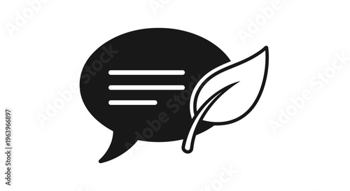 Solid black speech bubble with a leaf icon represents sustainable communication and environmental advocacy in a clean and modern vector design style.