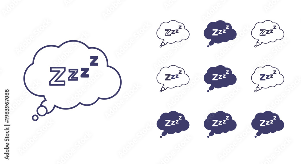 Obraz premium Collection of thought bubbles featuring zzz sleeping text in various styles and blue colors used for representing rest, dreaming, and fatigue.