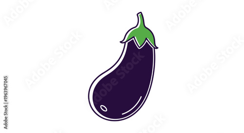 Simple color illustration of a ripe purple eggplant with a green stem isolated on a plain white background perfect for food and gardening themes.