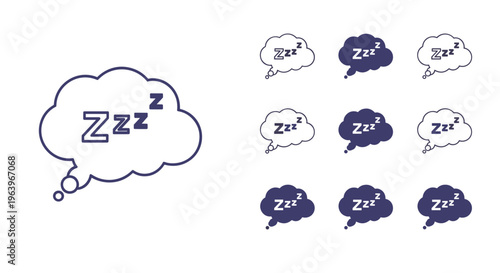 Collection of thought bubbles featuring zzz sleeping text in various styles and blue colors used for representing rest, dreaming, and fatigue.