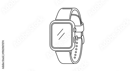 Line art illustration of a modern smartwatch with a sleek square face and a comfortable wrist strap on a white background for tech applications.