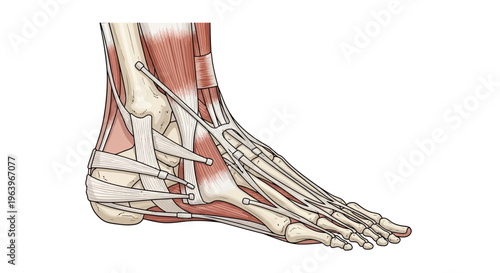 Detailed anatomical illustration of the human foot's musculature, tendons, and bones, showcasing the complex structure of the ankle and foot