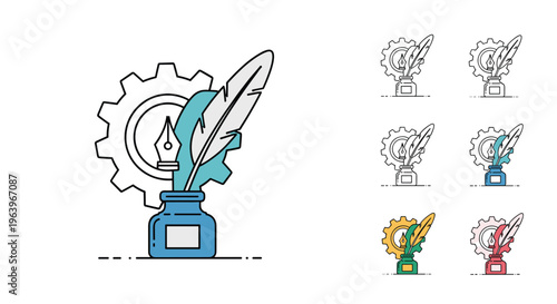 Creative writing and content production concept featuring an inkwell with a quill and a pen nib set against a mechanical gear background design.