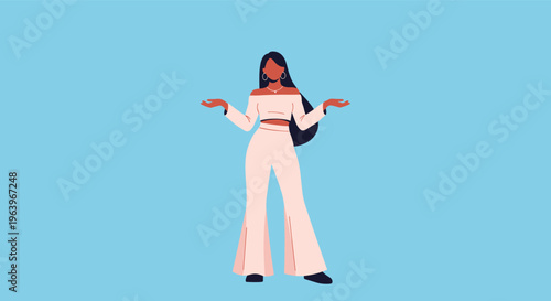 Character illustration of a young woman with long dark hair wearing a white outfit shrugging her shoulders in a gesture of doubt or confusion.