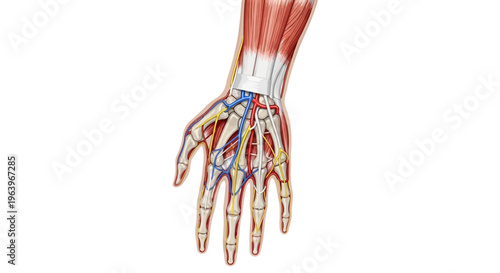 Anatomical illustration of the human hand showcasing the intricate network of arteries, veins, and muscles in a detailed medical depiction