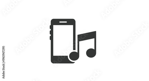 Simple black silhouette icon showing a music note next to a smartphone representing digital audio playback, streaming apps, and mobile media.
